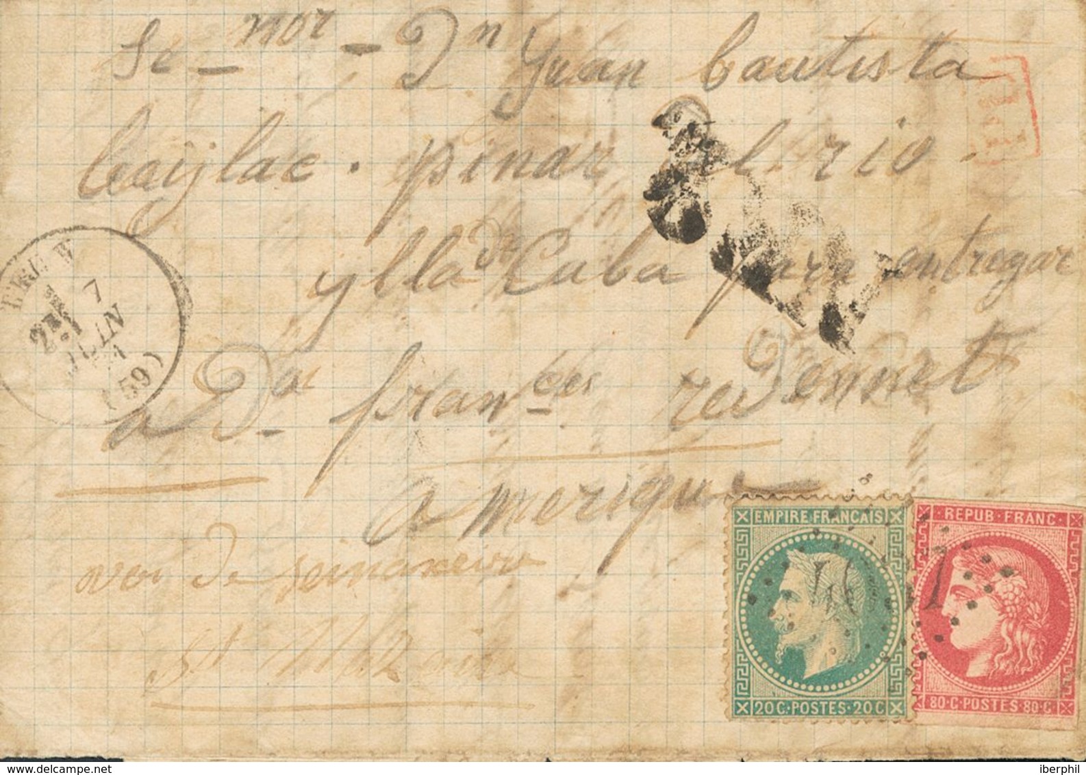 Cuba. COVERYv 29B, 49. 1871. 20 Cts Blue (Lauré) And 80 Cts Pink (Bordeaux). TRUN To HAVANA. Postmark LOZENGE OF LARGE N - Otros & Sin Clasificación