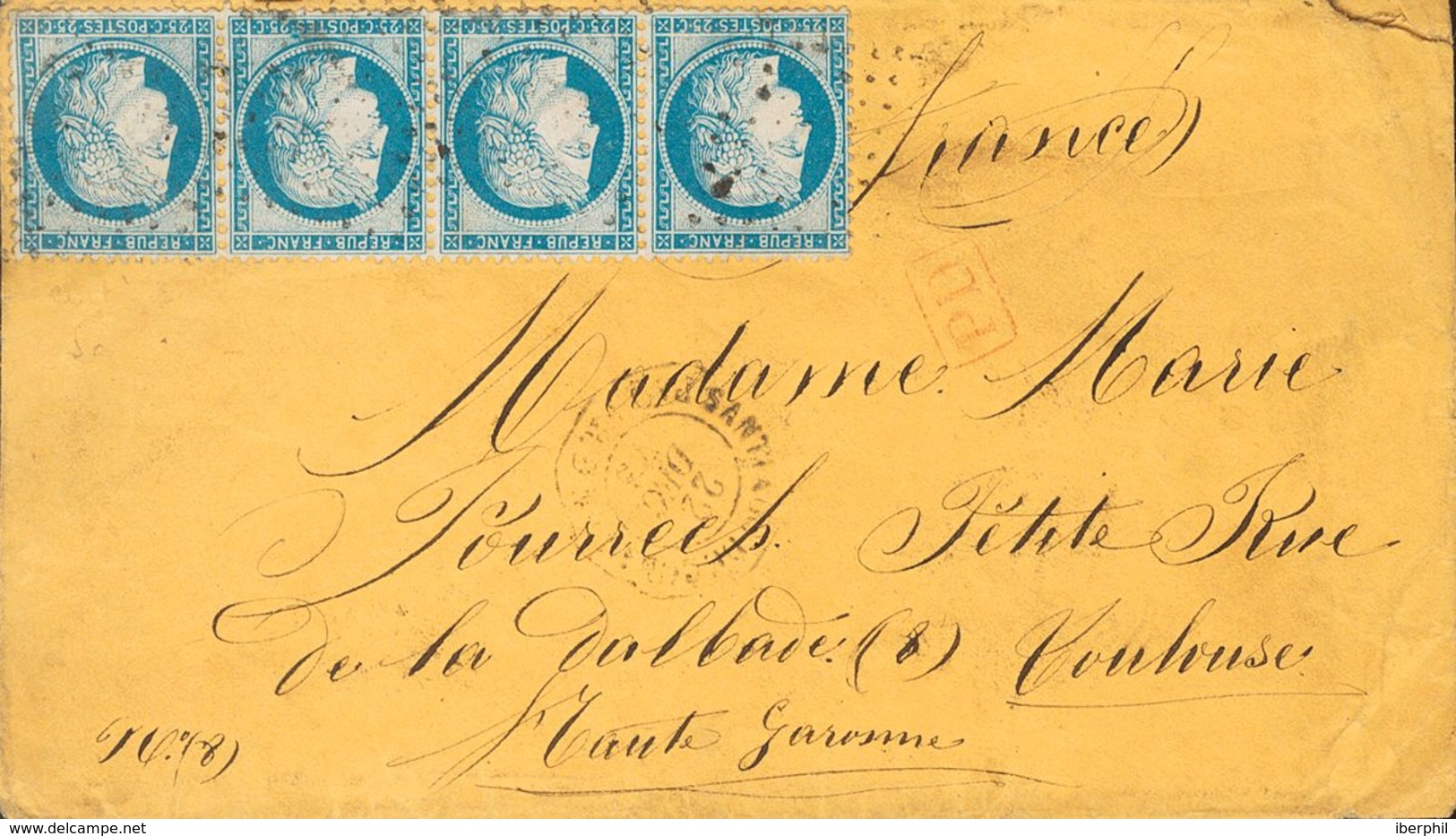 Cuba, French Post Office. COVERYv 60A(4). 1872. 5 Cts Blue FRANCE, Strip Of Four. SANTIAGO DE CUBA To TOULOUSE (FRANCE). - Other & Unclassified