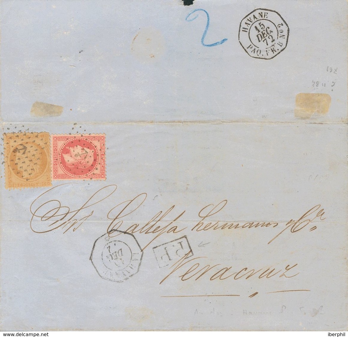 Cuba, French Post Office. COVER32, 38. 1872. 80 Cts Carmine Pink And 40 Cts Orange FRANCE. HAVANA To VERACRUZ. ANCLA Pos - Other & Unclassified