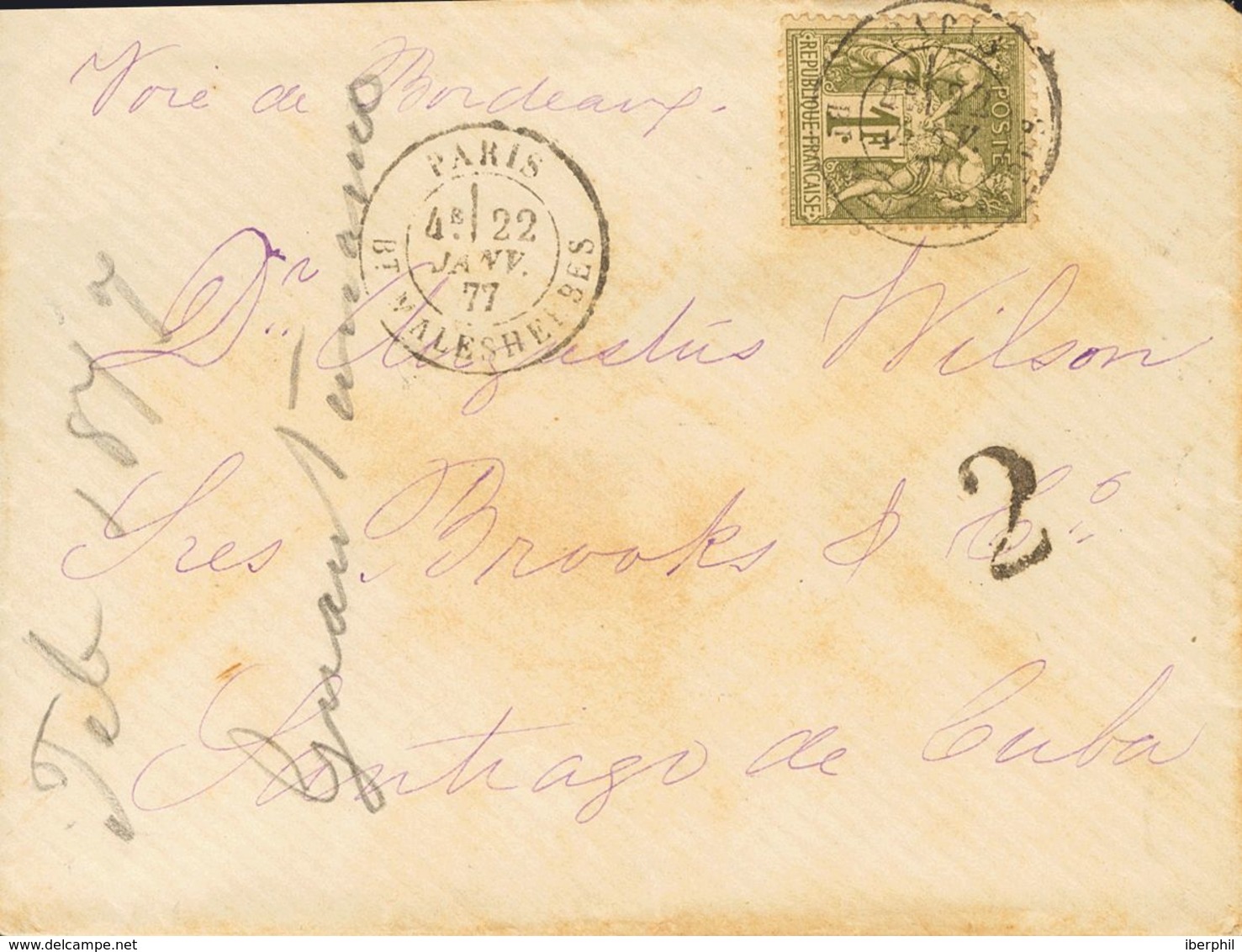 Cuba. COVERYv 72. 1877. 1 F Olive Green. PARIS To SANTIAGO DE CUBA. Cds PARIS / BD.MALESHERBES And On The Front Postmark - Sonstige & Ohne Zuordnung