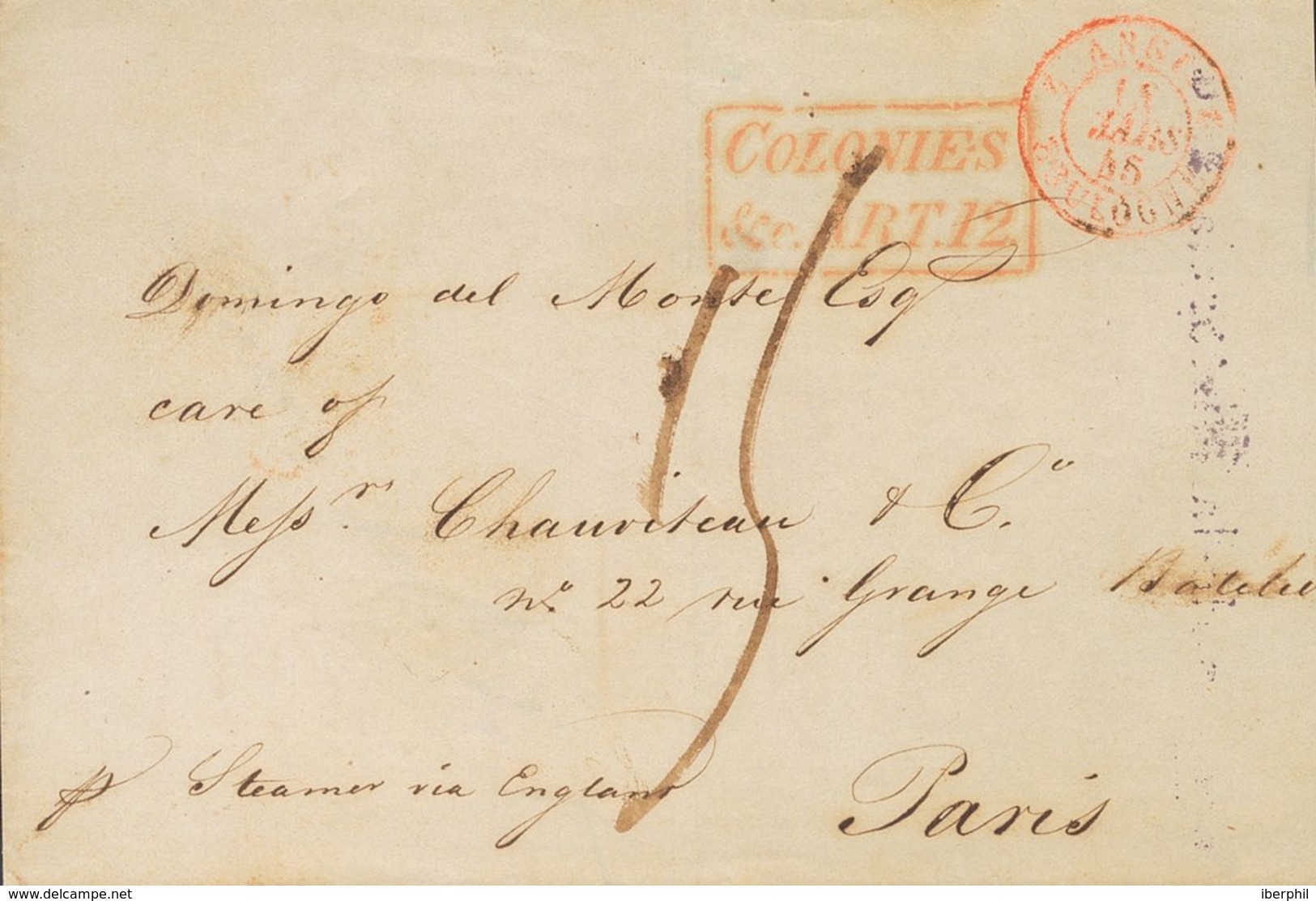 Cuba, Bristish Post Office. COVERYv . 1846. HAVANA To PARIS. Postmark COLONIES / AND C.ART.12, Applied In Transit Throug - Otros & Sin Clasificación