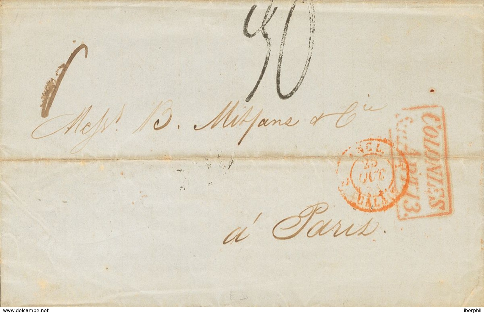 Cuba, Bristish Post Office. COVERYv . 1851. HAVANA To PARIS (FRANCE). Postmark COLONIES / AND C.ART.13 And Handwritten   - Other & Unclassified