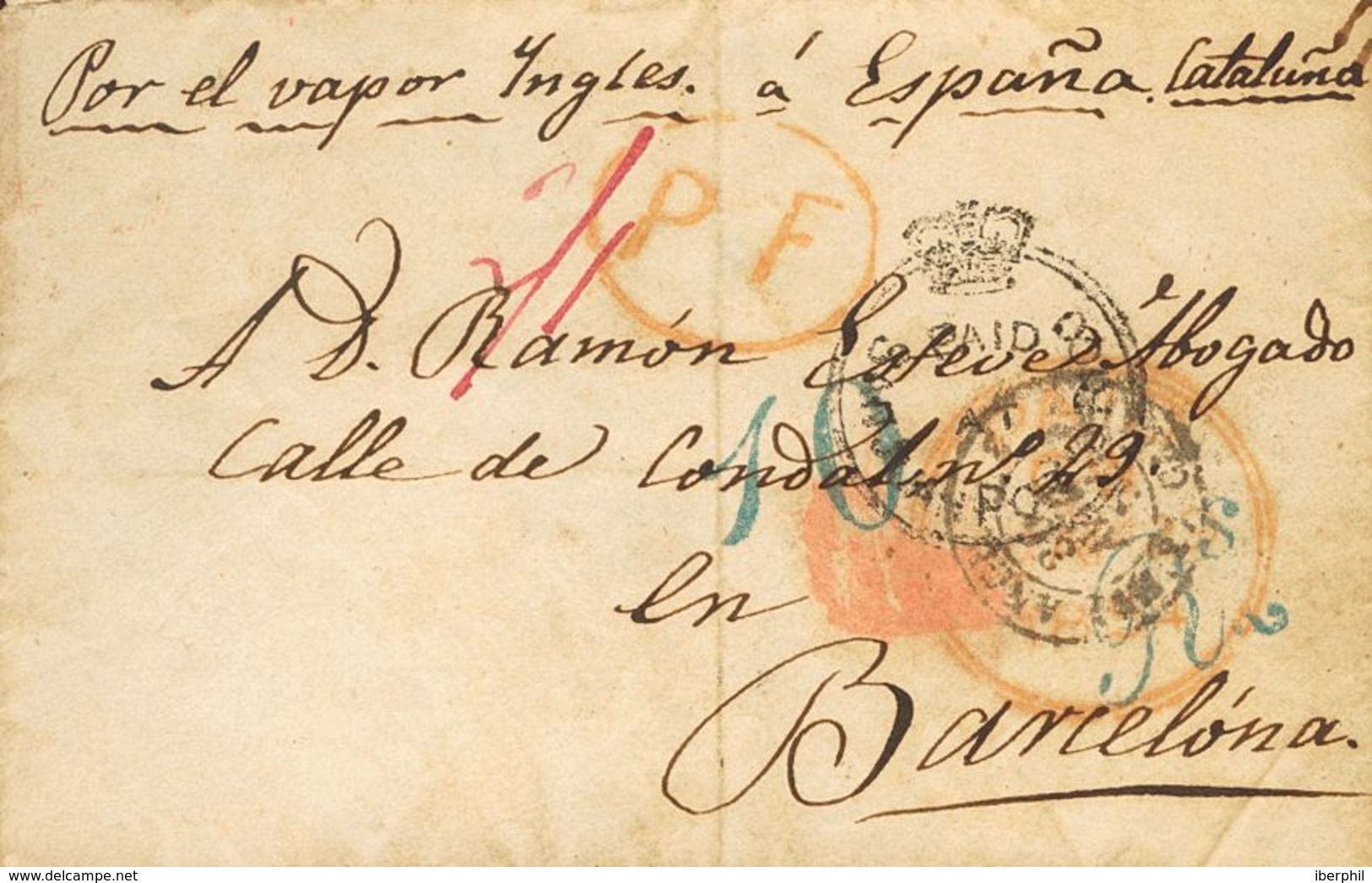 Puerto Rico, Bristish Post Office. COVER. 1854. SAN JUAN To BARCELONA. Postmark PAID / AT / SAN JUAN-PORTO RICO, In Blac - Other & Unclassified