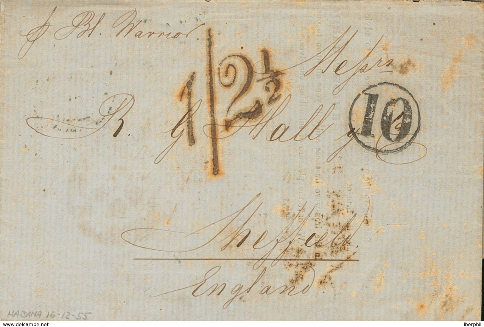 Cuba, Bristish Post Office. COVER. 1855. HAVANA To SHEFFIELD (GREAT BRITAIN). British "1 / 2½" And "10" Postmarks, Appli - Otros & Sin Clasificación