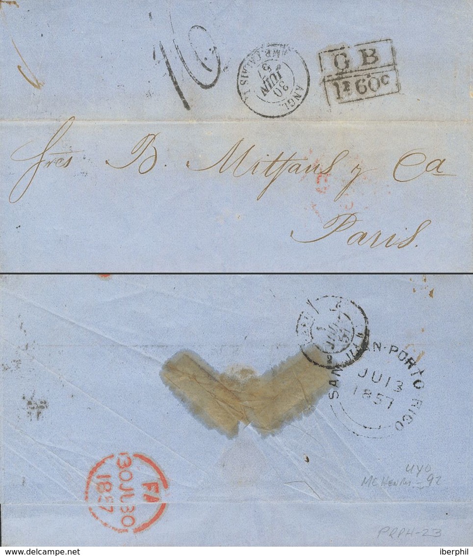 Puerto Rico, Bristish Post Office. COVER. 1857. SAN JUAN To PARIS (FRANCE). French-British Exchange Mark G.B. / 1F 60C A - Autres & Non Classés