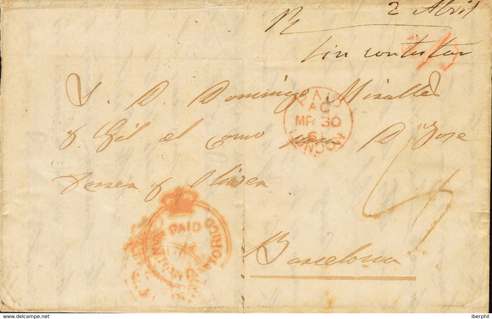 Puerto Rico, Bristish Post Office. COVER. 1861. SAN JUAN To BARCELONA. Postmark PAID AT SAN JUAN-PORTO RICO In Red From  - Other & Unclassified