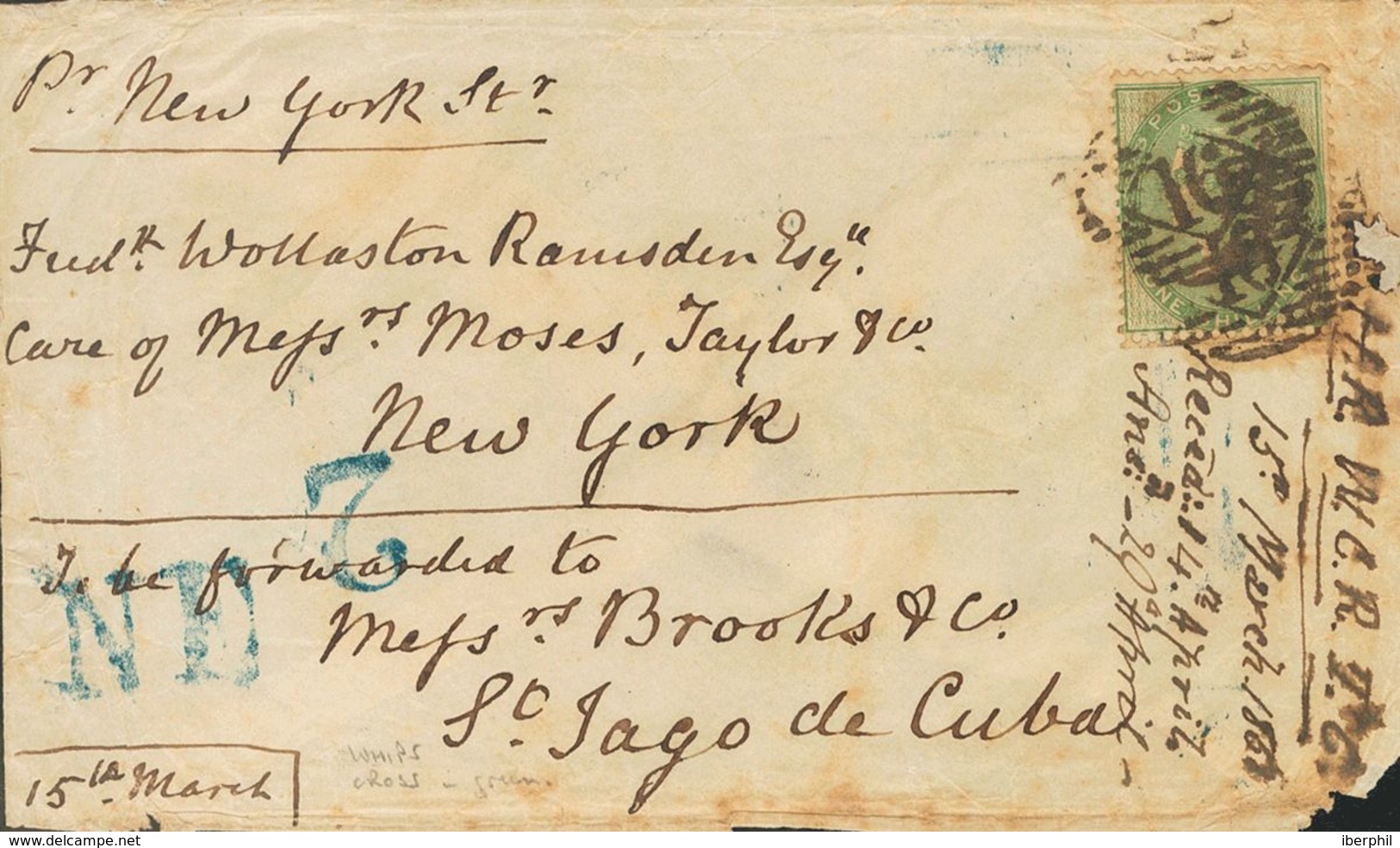 Cuba. COVERYv 20. 1858. 1 S Green LONDON To NEW YORK, Forwarded By Post To LA HABANA (some Erosion On The Right Side). M - Sonstige & Ohne Zuordnung