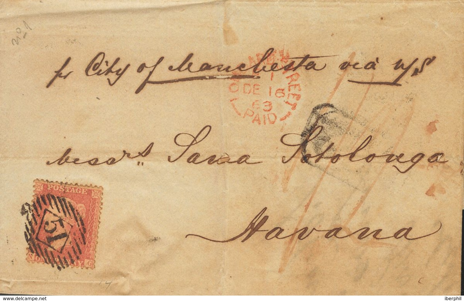 Cuba. COVERYv 14. 1863. 1 P Carmine. LONDON To HAVANA. On The Front, Mark "NE 2", Applied At Destination, Carrying "½" A - Other & Unclassified