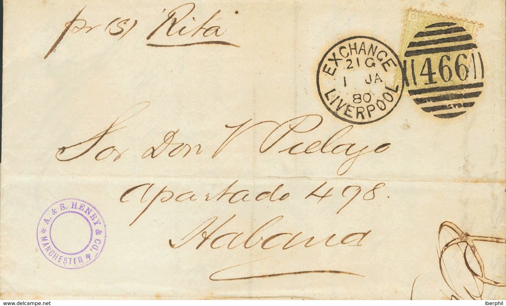 Cuba. COVERYv 59. 1879. 4 P Olive Green (Plate 16). MANCHESTER To LA HABANA, Forwarded To Liverpool By Agent G.H. FLETCH - Sonstige & Ohne Zuordnung