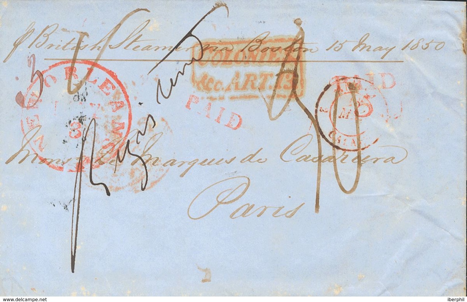 United States, Prephilately. COVER. 1850. NEW ORLEANS To PARIS. Red Datestamp NEW ORLEANS / LA And Postmark COLONIES / A - Otros & Sin Clasificación