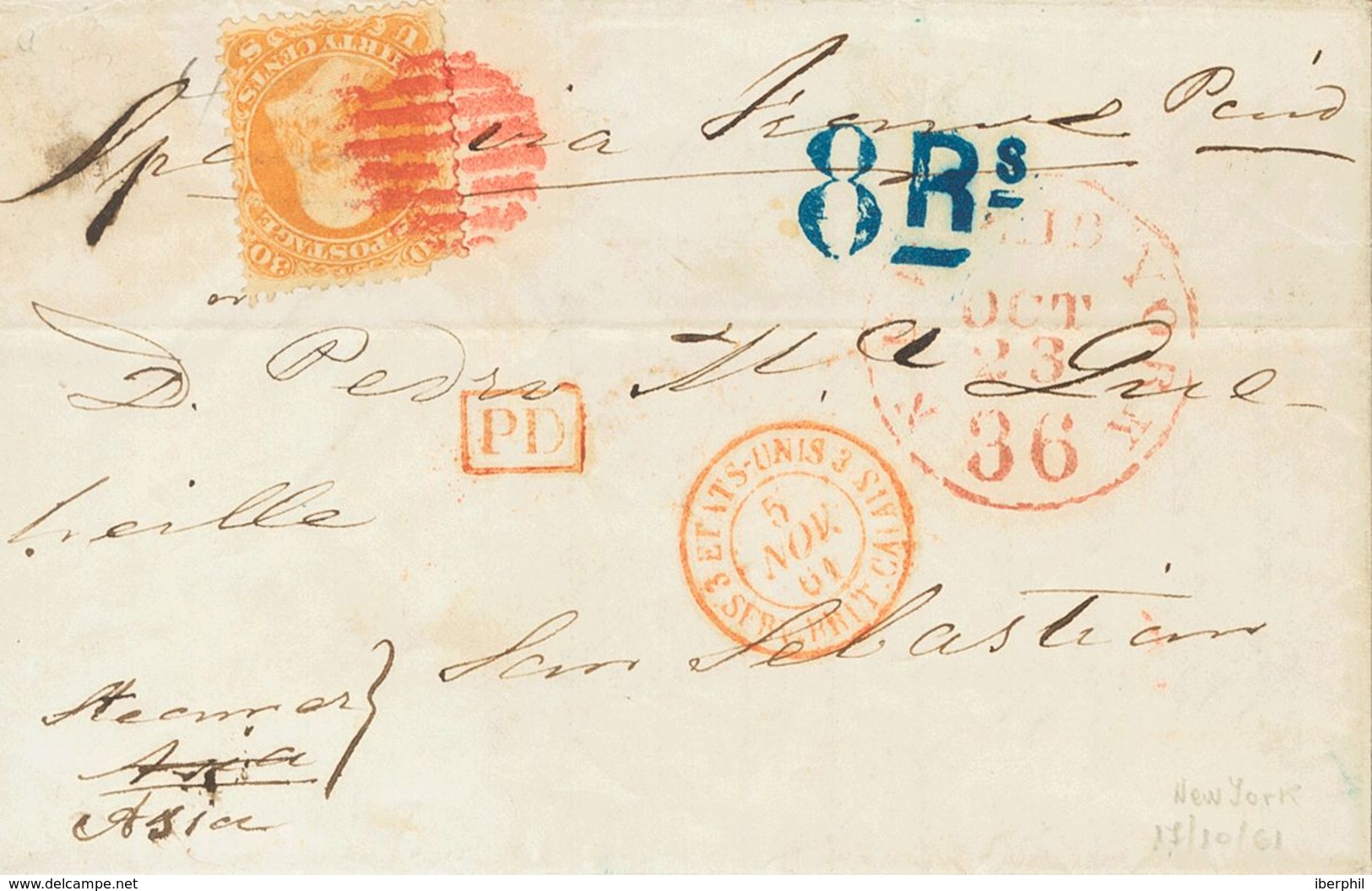 United States. COVERYv 25. 1861. 30 Cts Orange (negligible Defect). NEW YORK To SAN SEBASTIAN, Circulated By The French  - Autres & Non Classés