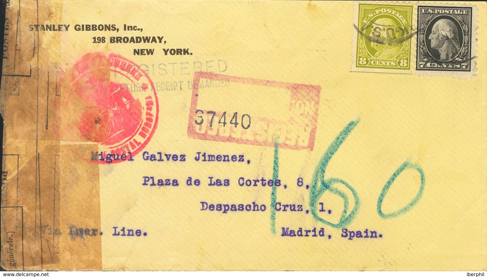 United States. COVERYv 205, 206. 1915. 7 Ctvos Black And 8 Ctvos Green Olive. Registered From NEW YORK To MADRID. On The - Otros & Sin Clasificación