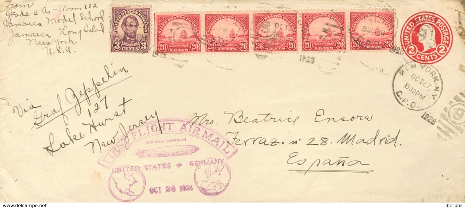 United States. COVERYv 230, 242(5). 1927. 2 Ctvos Carmine On Postal Stationery Card Graf Zeppelin From NEW YORK To MADRI - Otros & Sin Clasificación