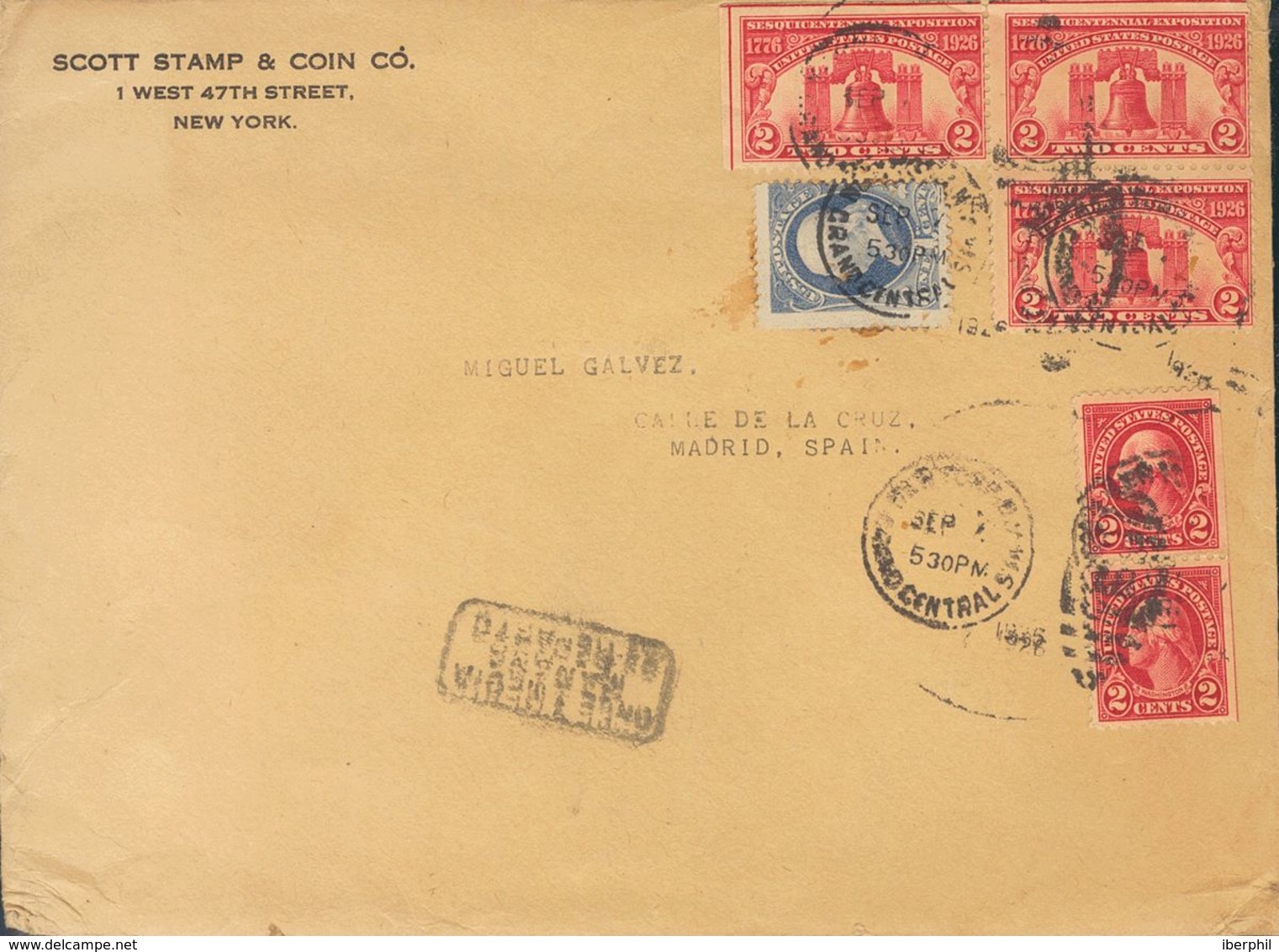 United States. COVERYv 268(3), 50B, 229(2). 1926. 2 Ctvo Carmine Pink, Three Stamps, 1 Ctvo Blue Gray (1881) And 2 Ctvos - Other & Unclassified