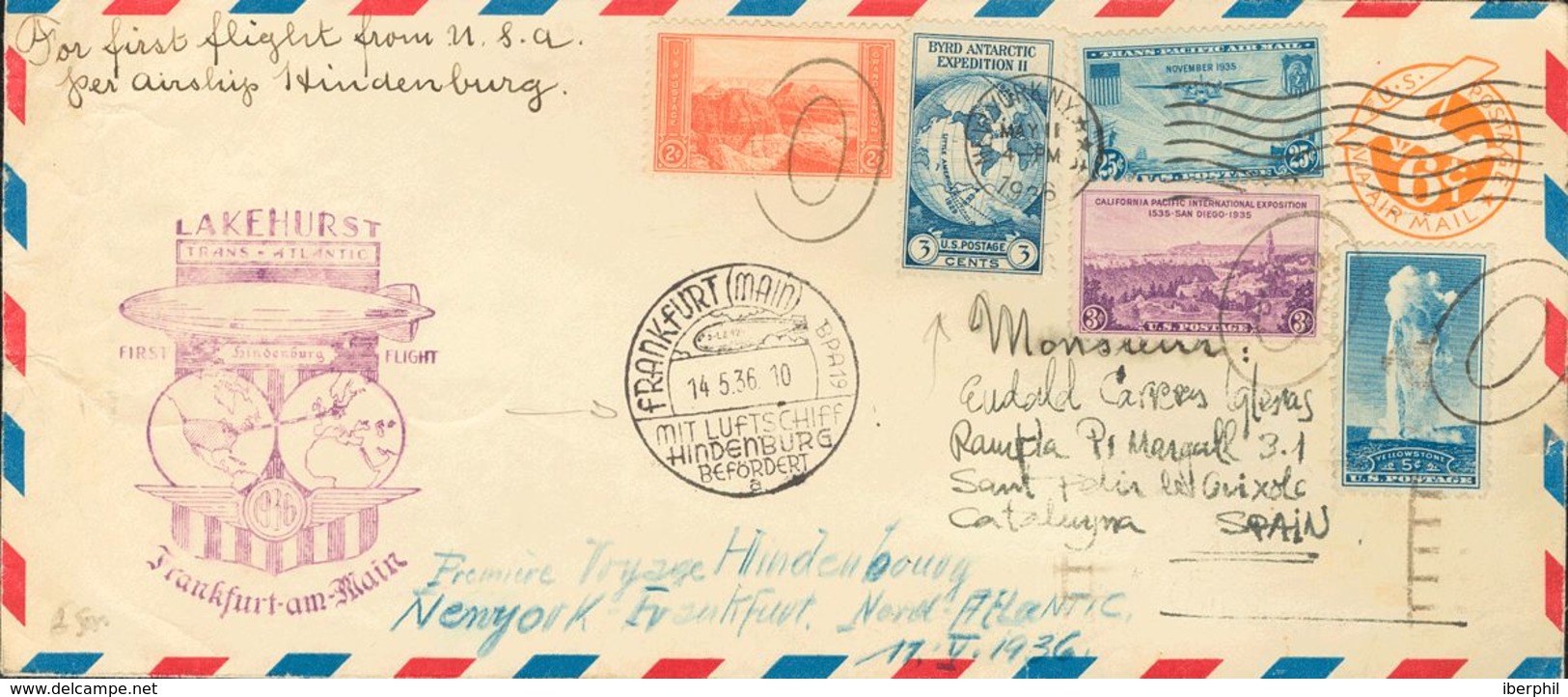United States. COVER323, 332, 336, 339, Aéreo 21. 1936. 6 Ctvos Orange On Postal Stationery Card Of The Hindenburg Zeppe - Otros & Sin Clasificación