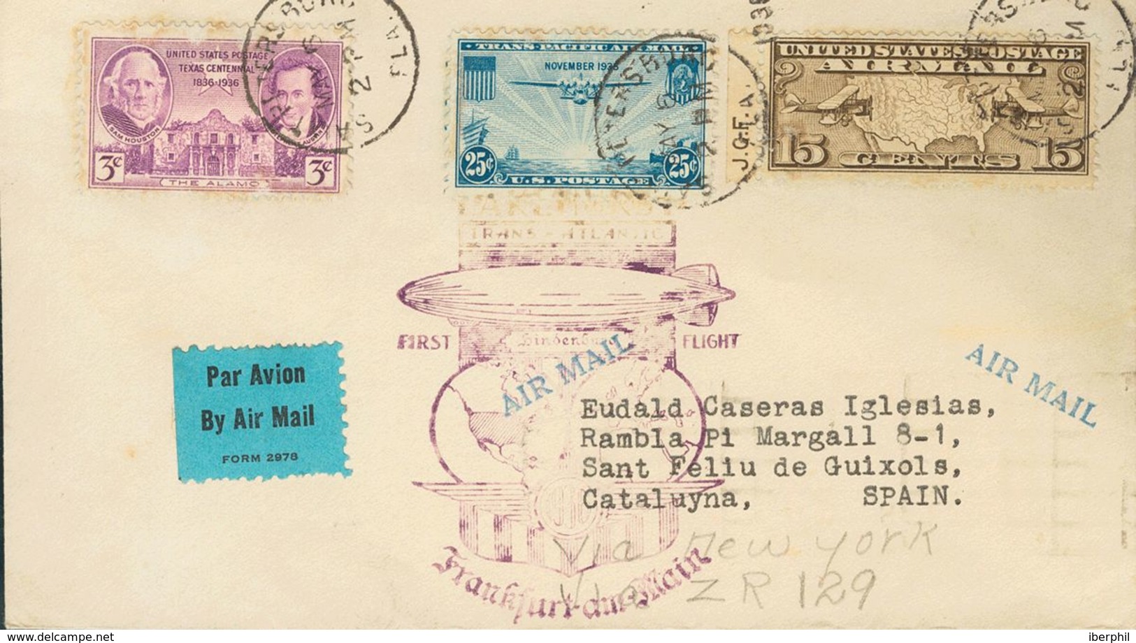 United States. COVERYv 342, Aéreos 8, 21. 1936. 3 Violet Ctvos, 15 Ctvos Brown And 25 Blue Ctvos. Hindenburg Zeppelin Fr - Autres & Non Classés