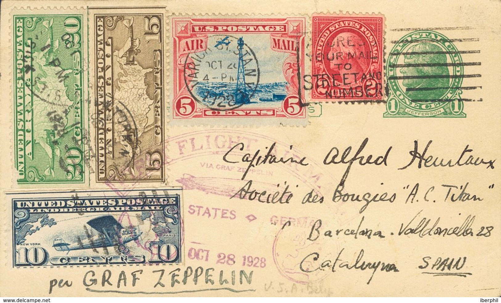 United States, Airmail. COVERYv 8, 9, 10, 11. 1928. 1 Green Ctvo On Postal Stationery Card Graf Zeppelin From NEW YORK T - Otros & Sin Clasificación