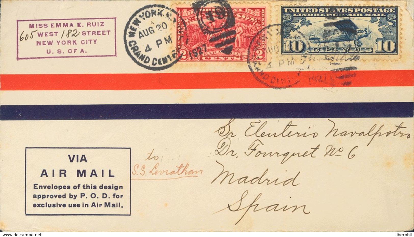 United States, Airmail. COVERYv 10. 1927. 10 Blue Ctvos And 2 Carmine Ctvos. Airmail From NEW YORK To MADRID. The Flight - Other & Unclassified