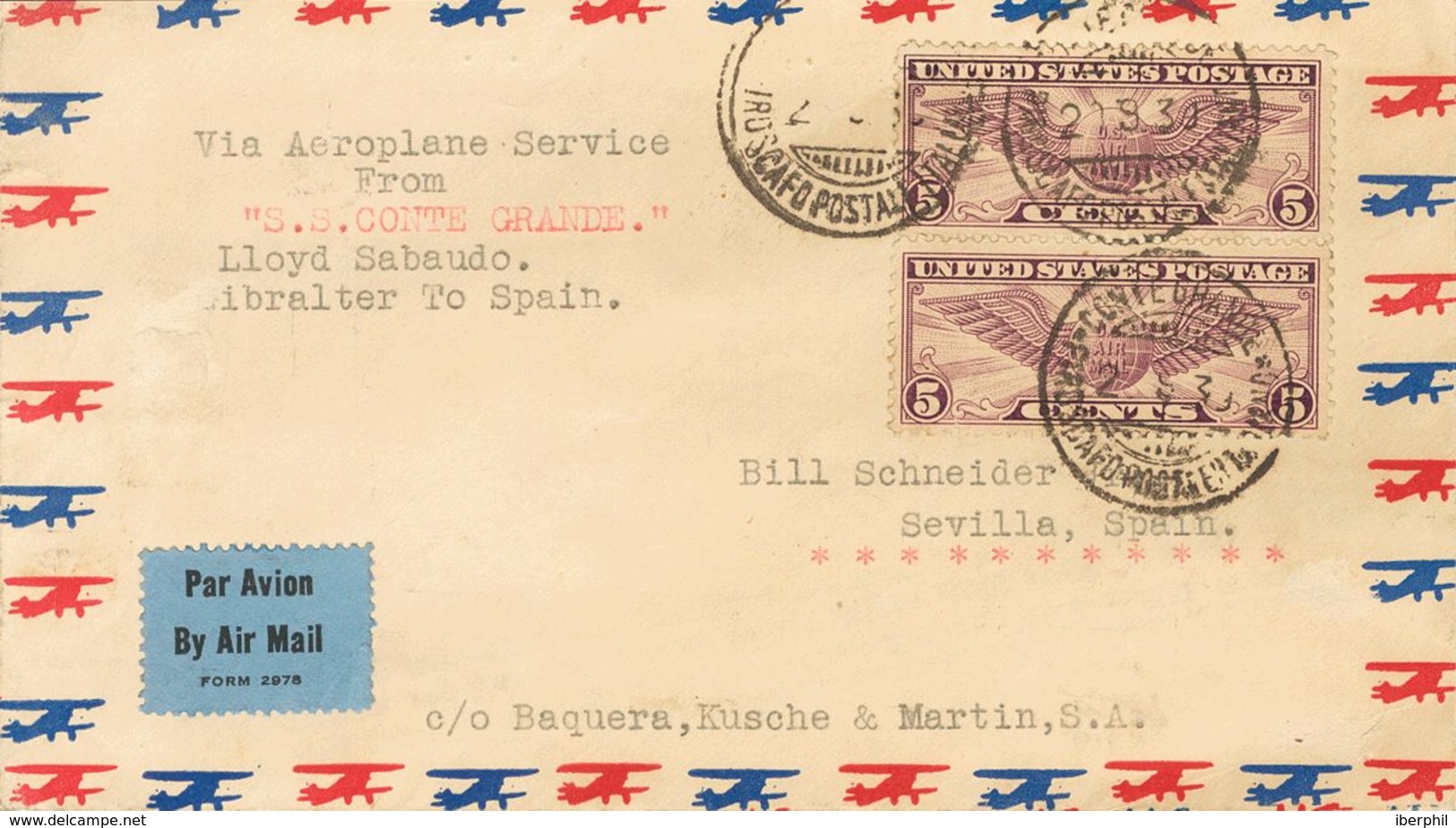 United States, Airmail. COVERYv 12(2). 1939. 5 Violet Ctvos, Two Stamps. RAHWAY To SEVILLA. Postmark CONTE GRANDE / PIRO - Other & Unclassified