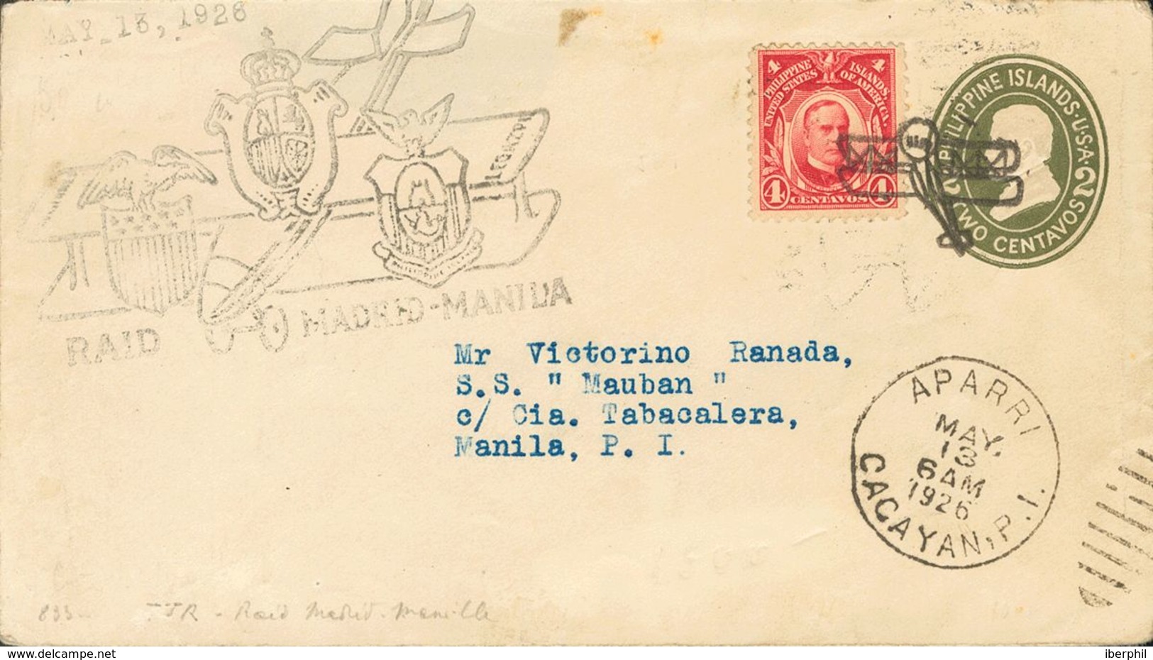 Philippines. COVERYv 205. 1926. 2 Ctvos Olive Green On Postal Stationery From APARRI To MANILA, With Complementary Posta - Filippijnen