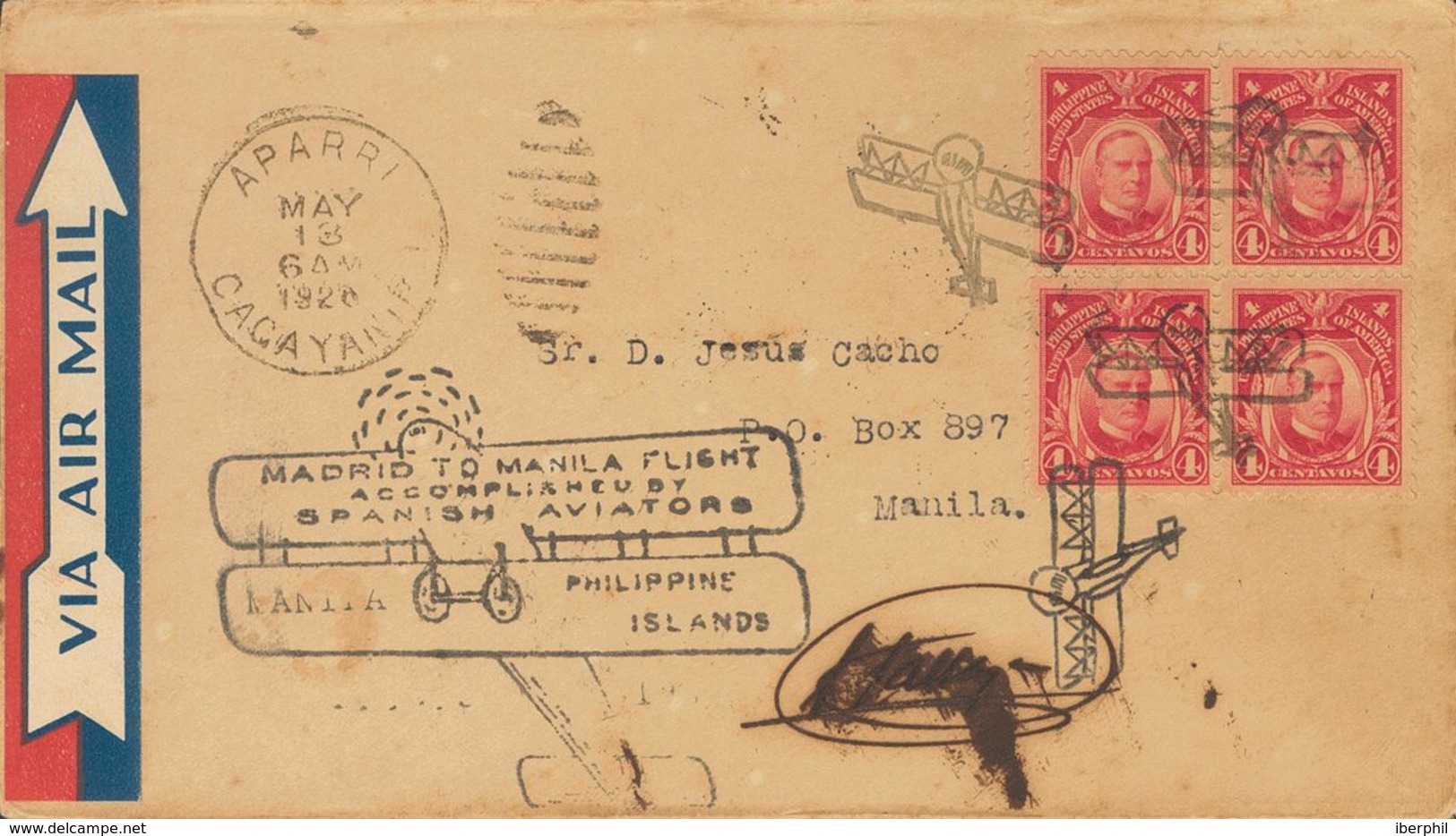 Philippines. COVERYv 205(4). 1926. 4 Ctvos Red, Block Of Four. Airmail From APARRI To MANILA. Postmark "Avión" And In Th - Philippines