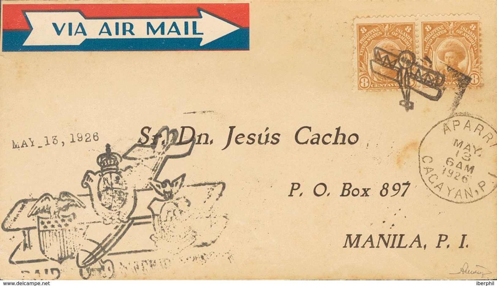 Philippines. COVERYv 207(2). 1926. 8 Ctvos Yellow Brown, Couple. Airmail From APARRI To MANILA. Postmark "Avión" And In  - Filipinas