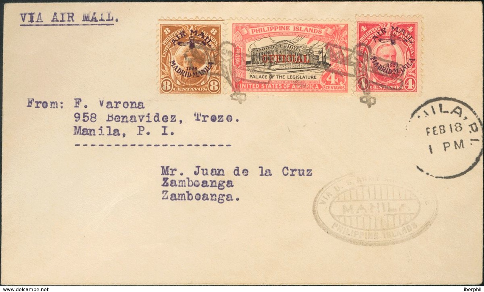 Philippines, Airmail. COVERYv 2, 4, Servicio 51. 1927. 4 Ctvos Red, 8 Ctvos Brown And 4 Ctvos Pink And Black Of Service. - Philipines