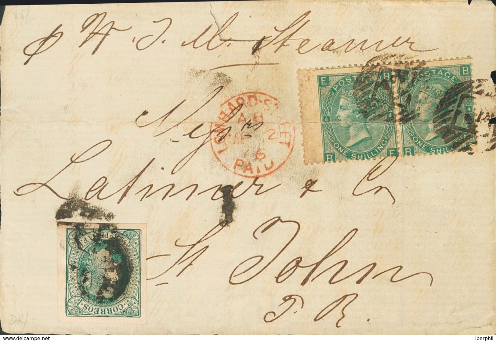 Puerto Rico, Bristish Post Office. COVERAnt.10. 1866. 1 Sh Green, Pair (file Fold) And ½ Real Antillean Green. Cover Fro - Autres & Non Classés