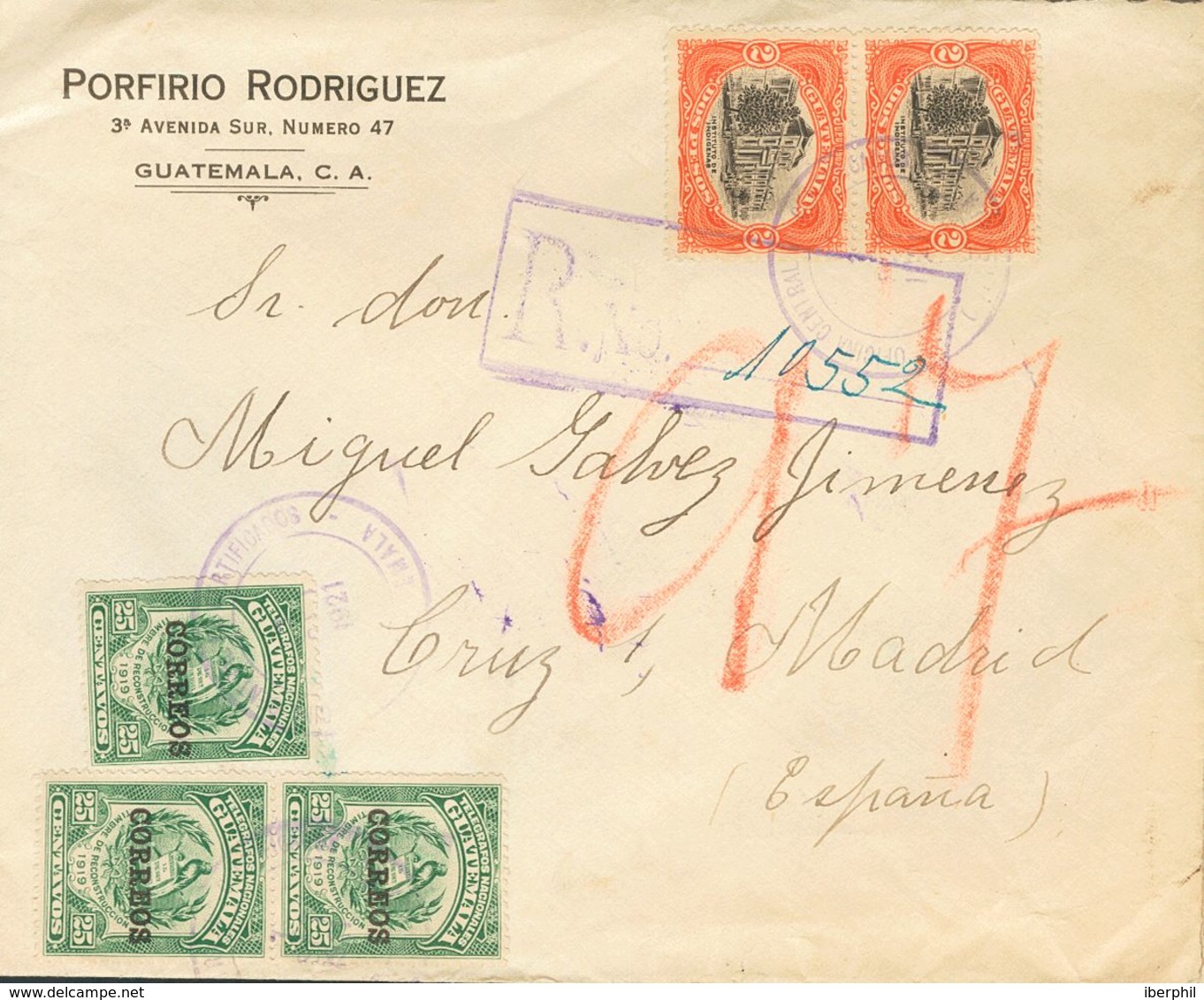 Guatemala. SOBREYv 173(3), 124(7), 129(2). 1921. 25 Cts Verde (Tipo I), Tres Sellos, 2 Pesos Naranja Y Negro, Dos Sellos - Guatemala