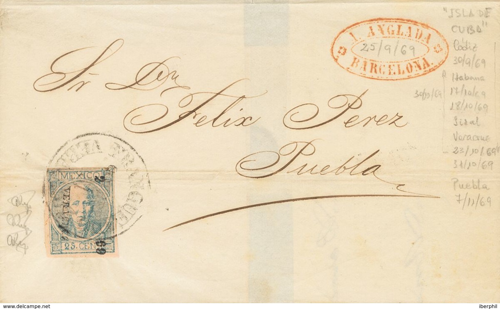 Mexico. COVERYv 45. 1869. 25 Cts Blue On Pink. BARCELONA To PUEBLA (MEXICO), Addressed By Forwarding Agent PRIDA Y FILS  - Mexiko