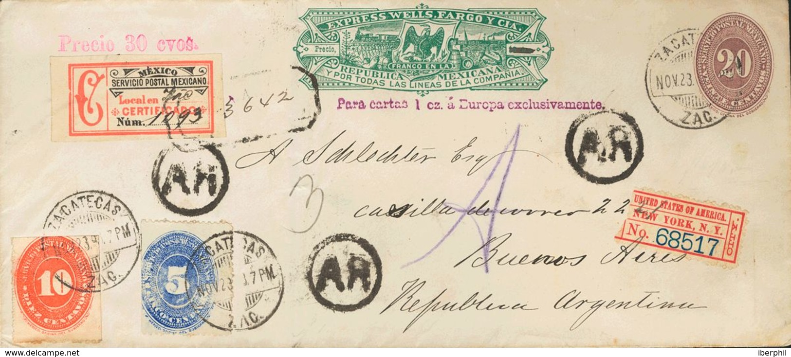 Mexico. COVERYv 105, 114. 1893. 20 Brown Ctvos On Postal Stationery Card Of The EXPRESS WELLS FARGO AND CIª Registered W - México