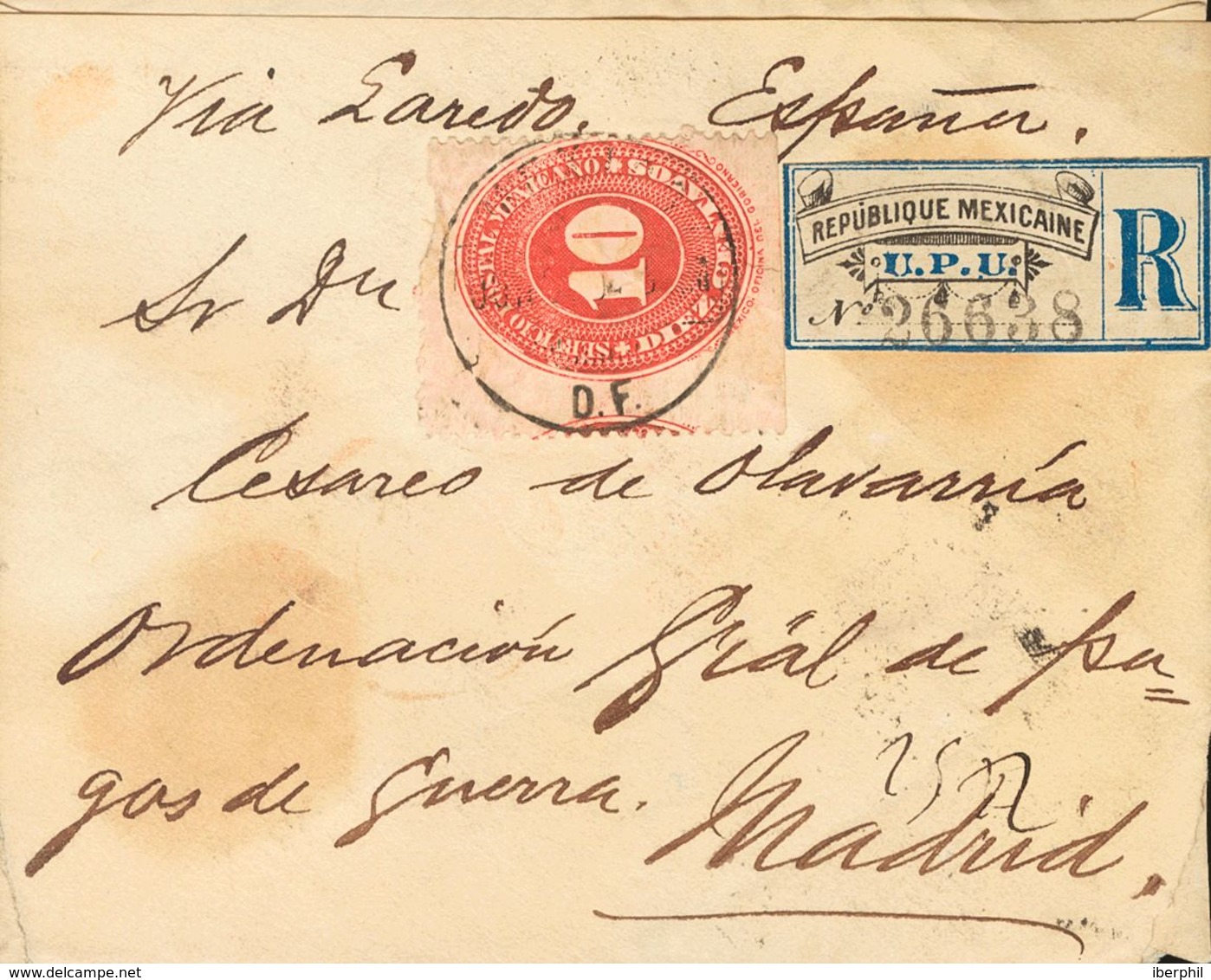 Méjico. SOBREYv 114(2). 1894. 10 Ctvos Rojo, Dos Sellos (uno Al Dorso). Certificado De MEXICO A MADRID, Circulada Vía La - México