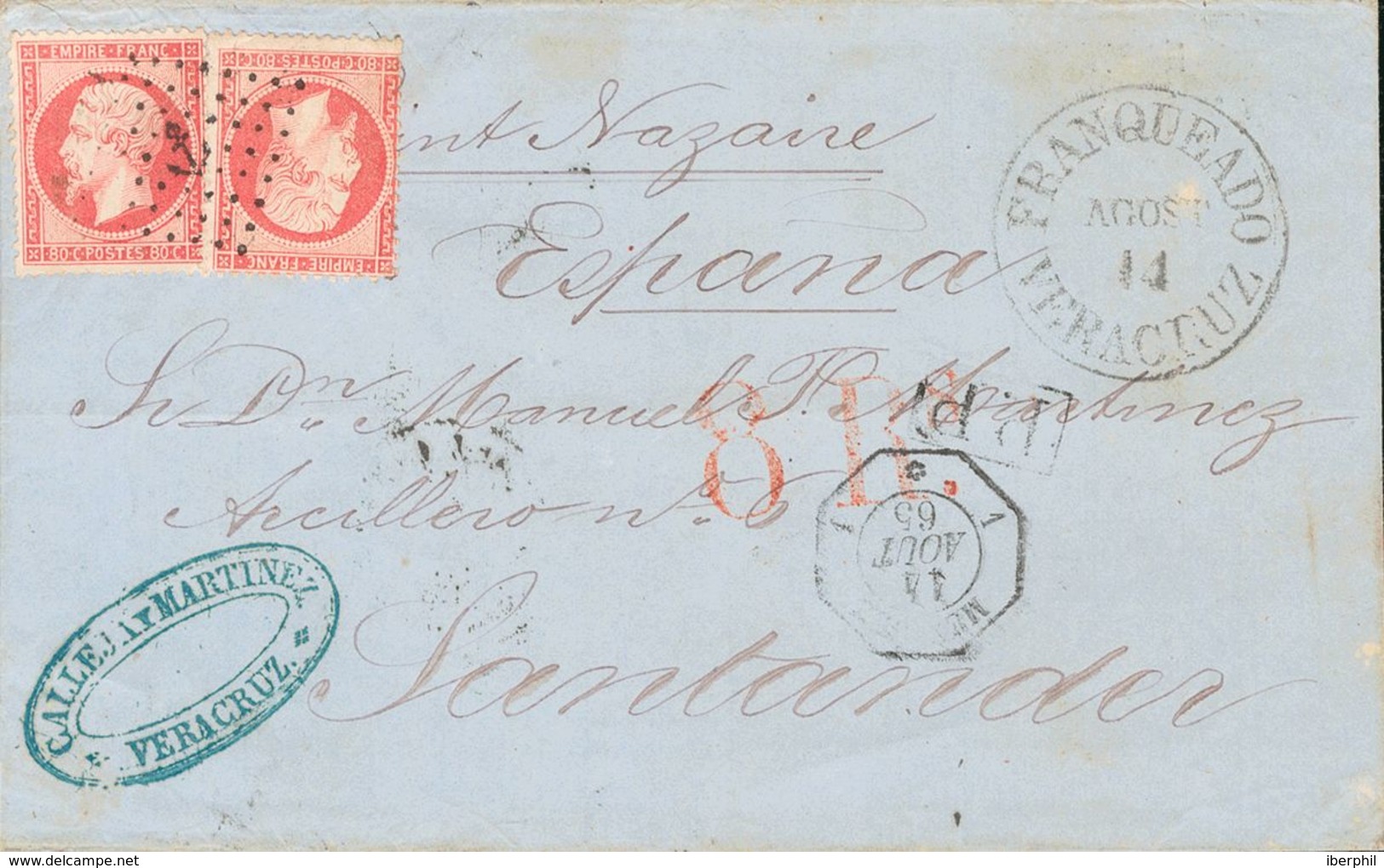 Mexico, French Post Office. COVER. 1865. 80 Cts Pink Carmine From France, Two Stamps. VERACRUZ To SANTANDER. Anchor Post - Mexico