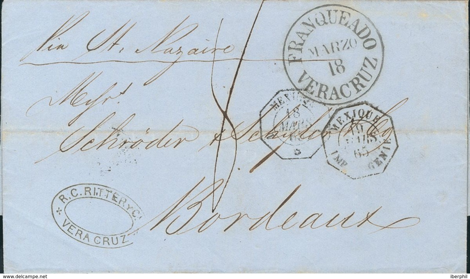 Mexico, French Post Office. COVER. 1865. VERACRUZ To BORDEAUX (FRANCE). Postmark FRANQUEADO / VERACRUZ, Octagonal Datest - Mexico