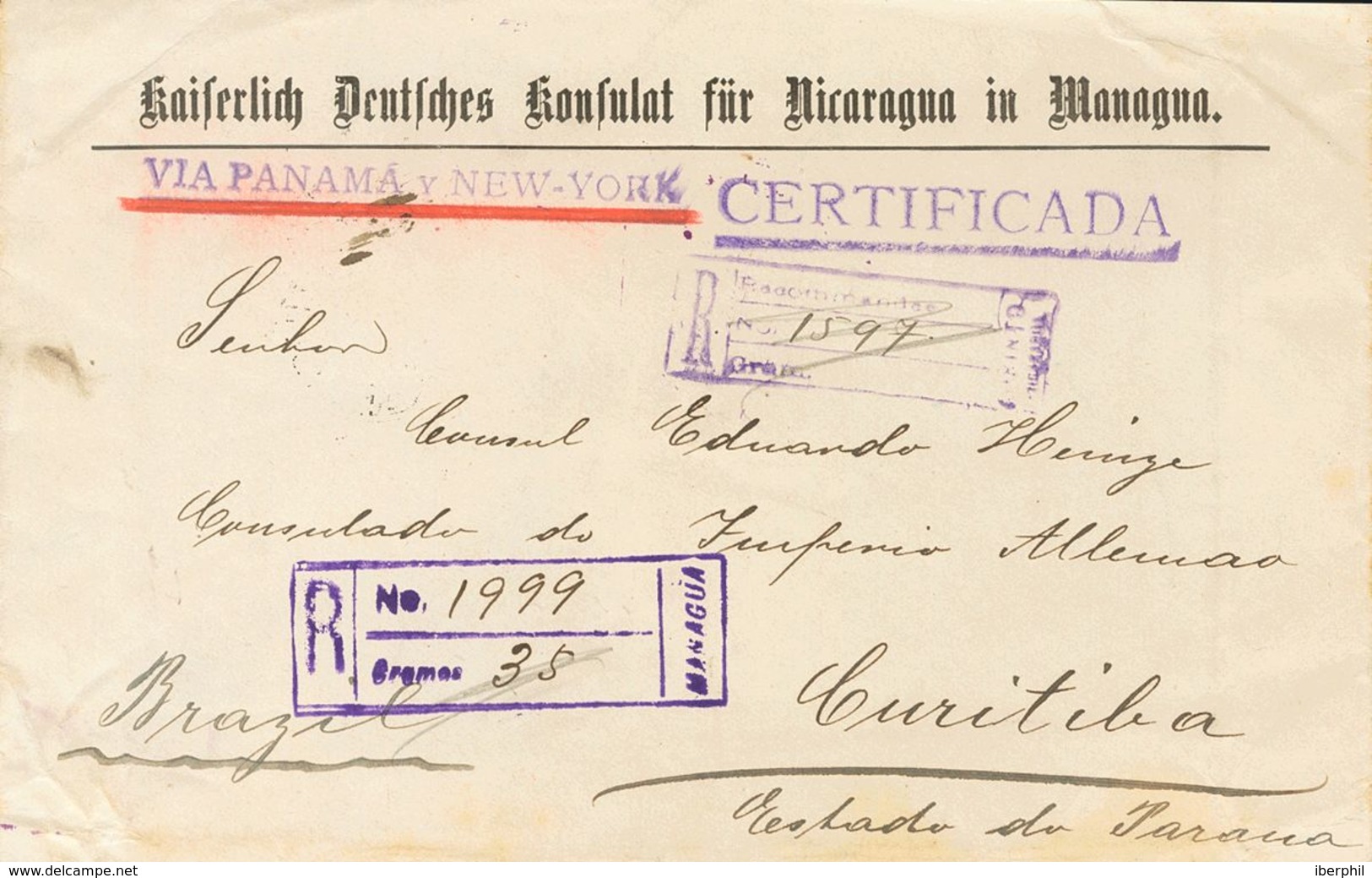 Nicaragua. SOBREYv 216(3), 227(8). 1907. 10 Ctvos Sobre 2 Ctvos Rosa, Ocho Sellos Y 20 Ctvos Sobre 5 Ctvos Azul, Tres Se - Nicaragua