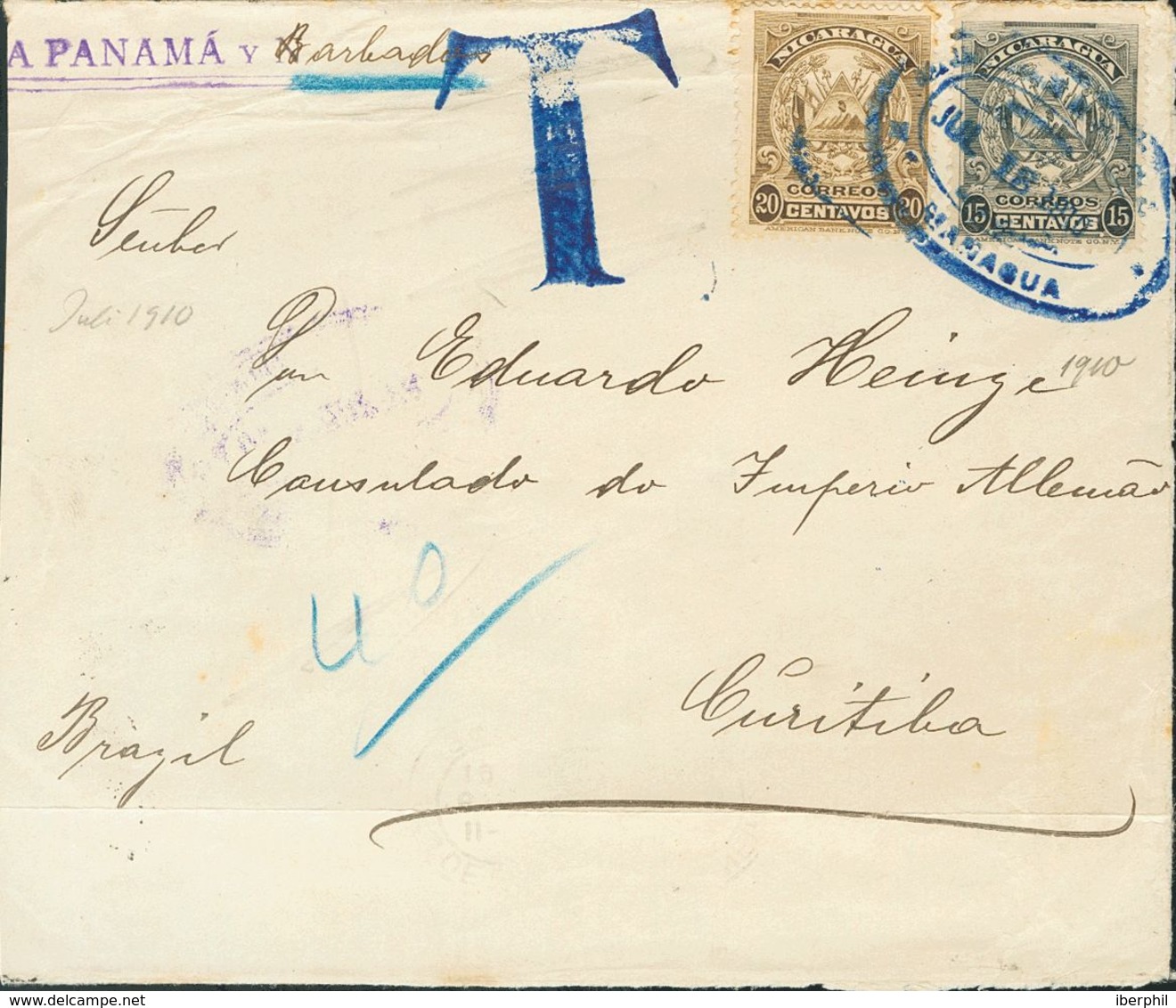 Nicaragua. SOBREYv 257, 258. 1910. 15 Ctvos Negro Y 20 Ctvos Oliva. MANAGUA A CURITIBA (BRASIL). Tasada A La Llegada Con - Nicaragua