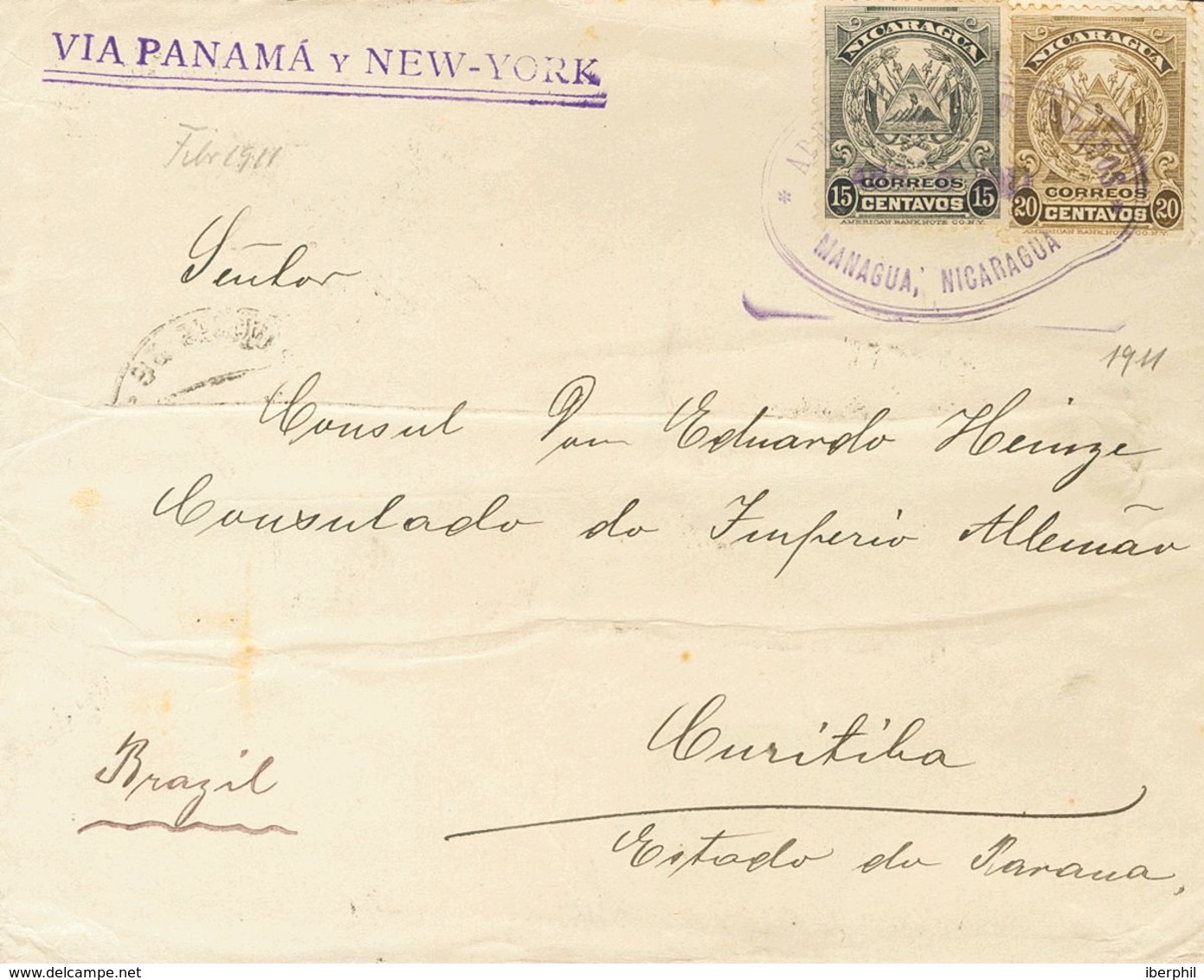 Nicaragua. SOBREYv 257, 258. 1911. 15 Ctvos Negro Y 20 Ctvos Oliva. MANAGUA A CURITIBA (BRASIL). Circulada Vía Corinto,  - Nicaragua