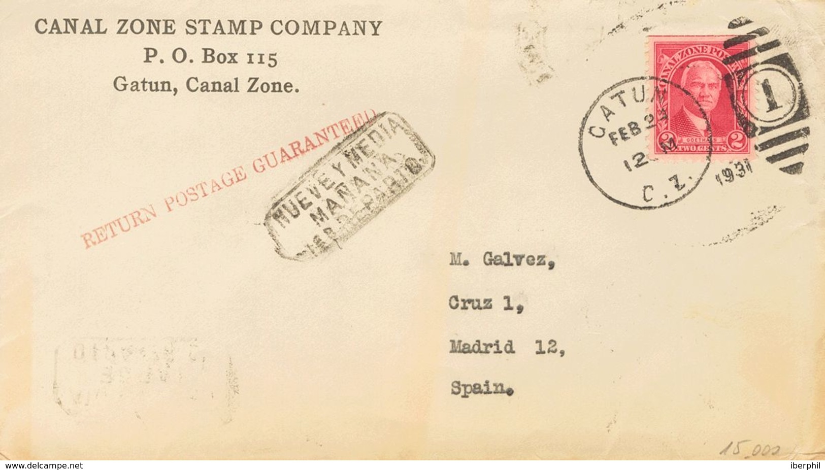 Panama Canal Zone. COVERYv 78. 1931. 2 Ctvos Carmine. GATUN To MADRID. Duplex Postmark GATUN / C.Z. / 1 And On The Front - Autres & Non Classés