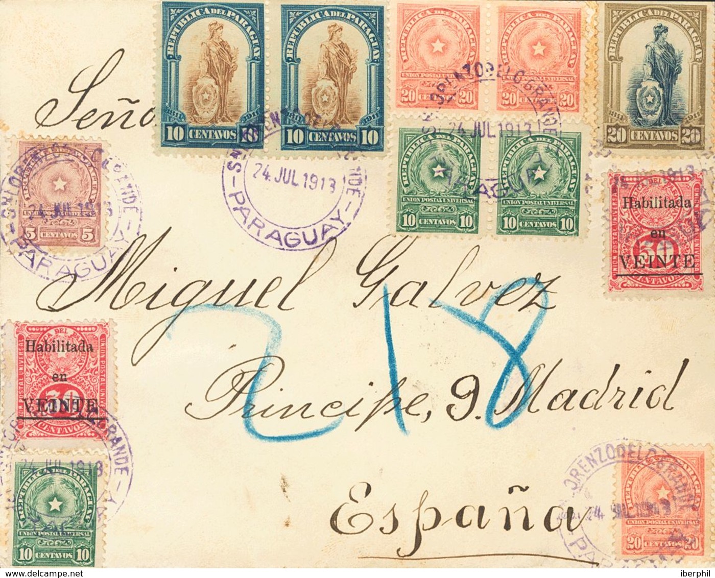 Paraguay. SOBREYv 202,203/04(3),195(2),196,199(2. 1913. 5 Ctvos Lila, 10 Ctvos Verde, Tres Sellos, 20 Ctvos Rojo, Tres S - Paraguay