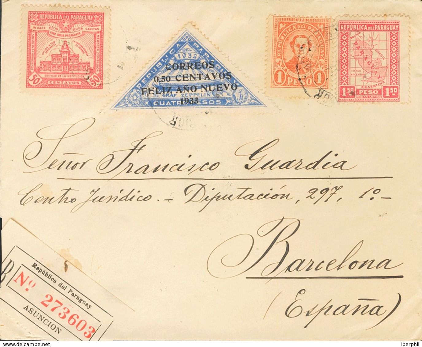 Paraguay. SOBREYv 338, 306, 312, 332. 1933. 50 Ctvos Sobre 4 Pesos Ultramar Y Diversos Valores. Certificado De ASUNCION  - Paraguay