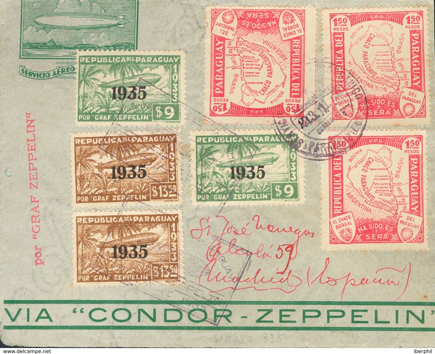 Paraguay, Airmail. COVERYv 77(2), 78(2), 41. 1935. 9 P Green, Two Stamps, 13'50 P Brown, Two Stamps, 1'50 P Pink, Three  - Paraguay