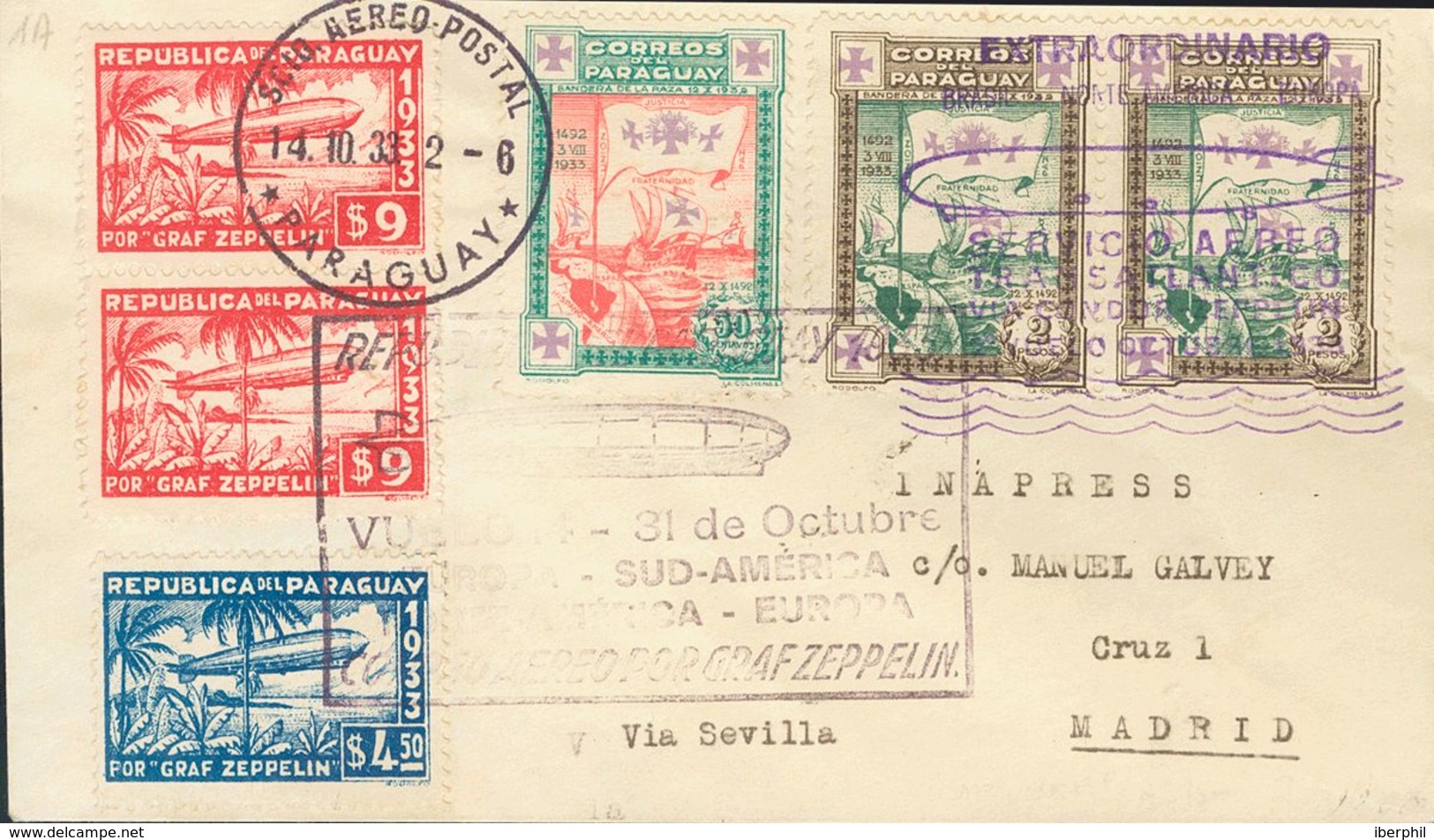 Paraguay, Airmail. COVERYv 63, 64(2). 1933. 4'50 P Blue, 9 P Carmine, Two Stamps, 50 Ctvos And 2 Pesos, Two Stamps. Graf - Paraguay