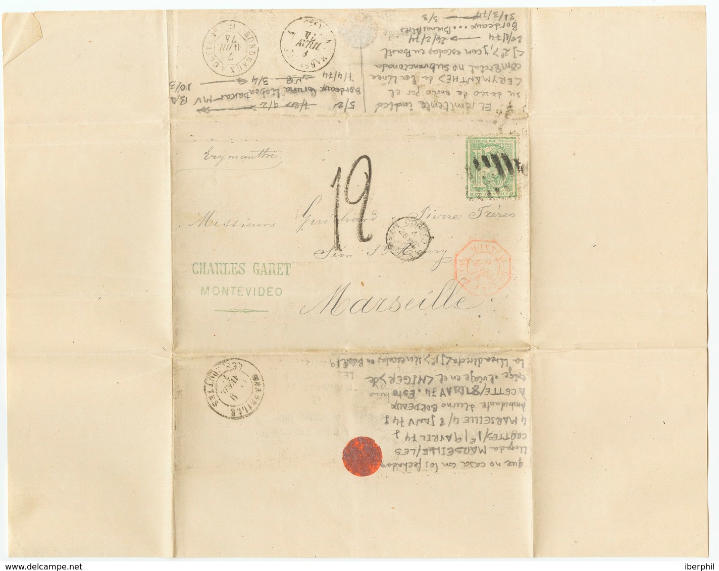 Uruguay. COVER36. 1873. 10 Cents Green. MONTEVIDEO To MARSEILLE (FRANCE). On The Front Small Postmark  CORREOS / MONTEVI - Uruguay