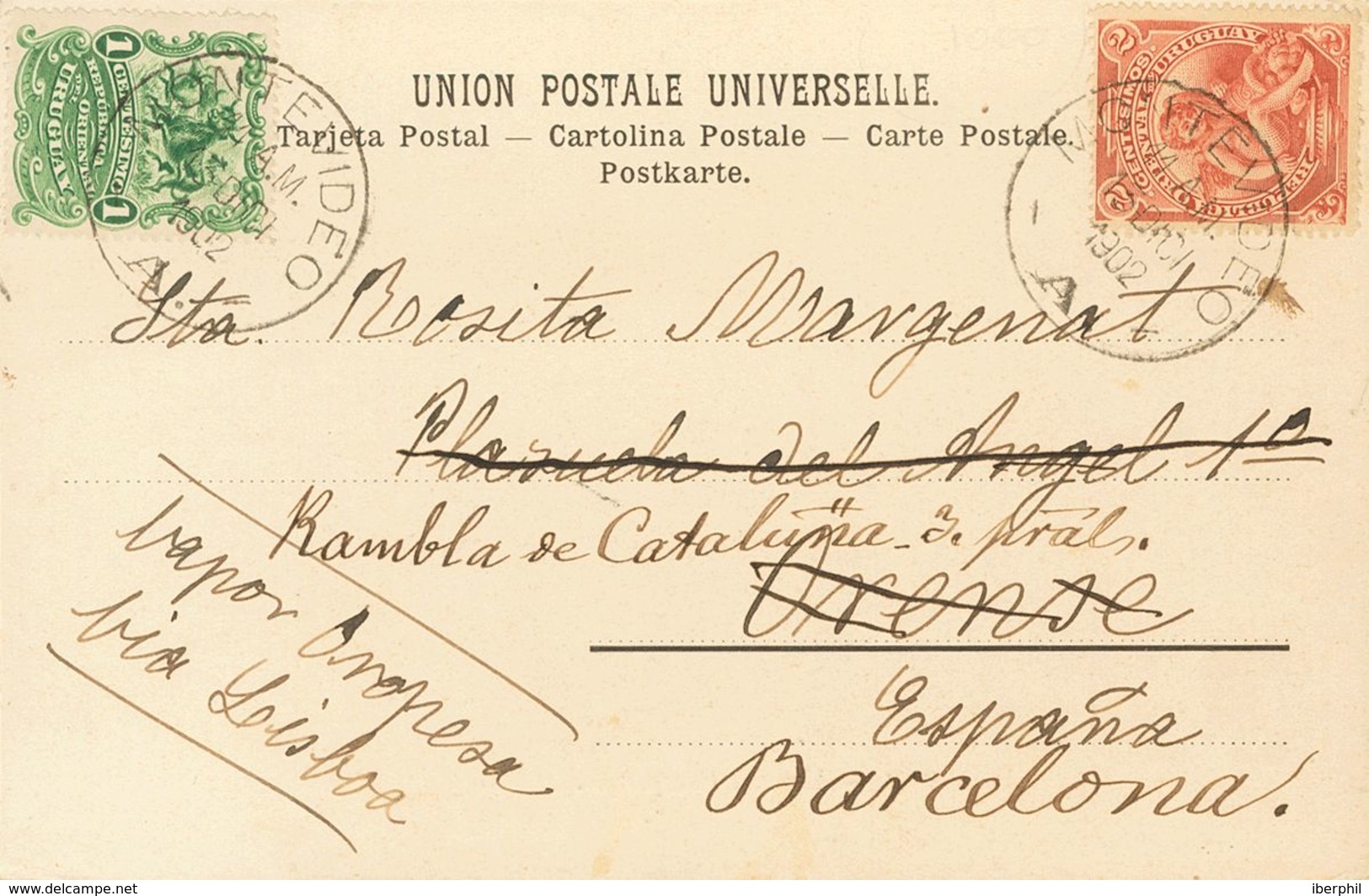 Uruguay. COVERYv 152, 153. 1902. 1 Ctvo Green And 2 Ctvos Red . Postcard From MONTEVIDEO To ORENSE, Readdressed To BARCE - Uruguay