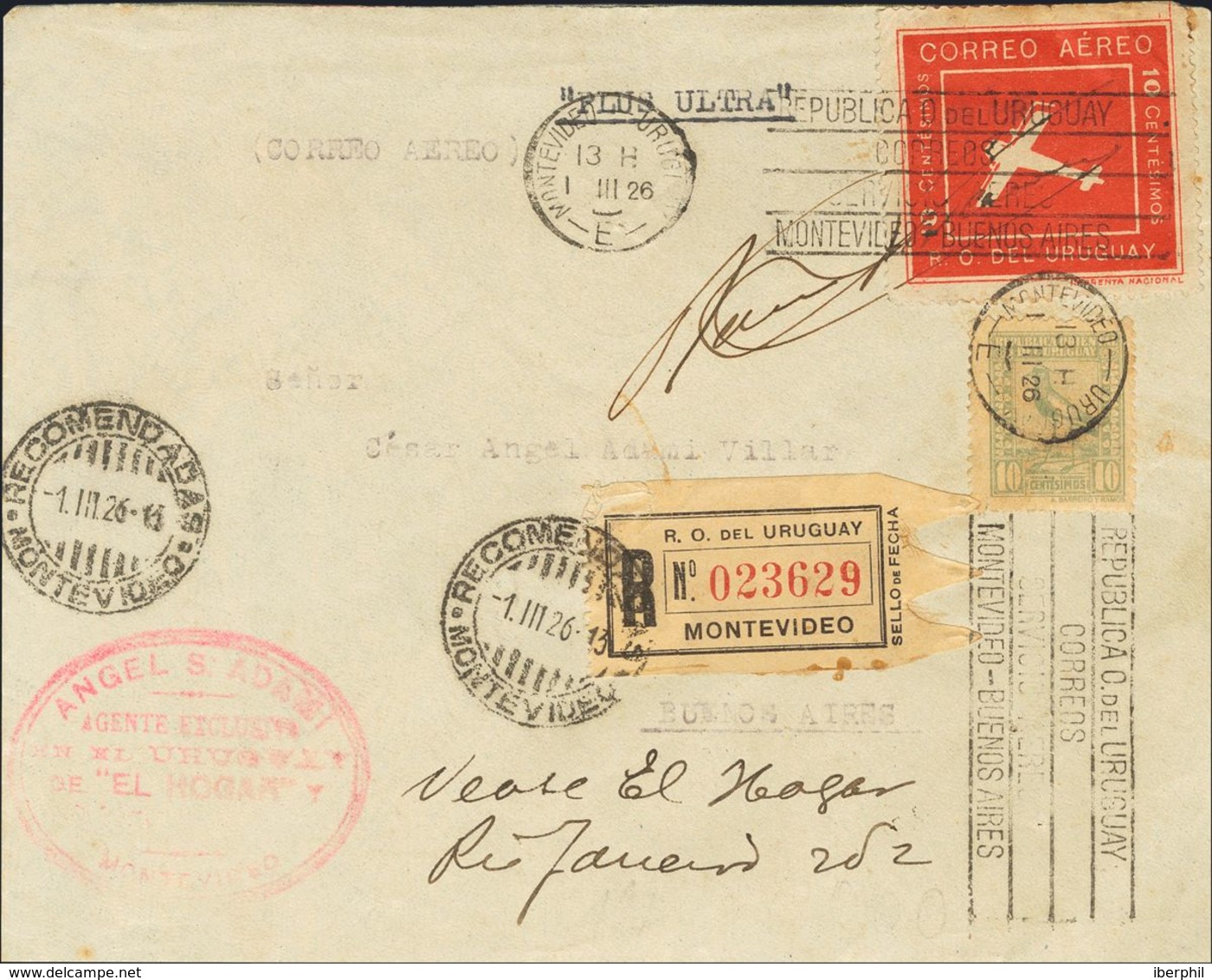 Uruguay. COVER290, Aéreo 5. 1926. (1st March). 10 Cts Greenish Blue And 10 Red Cts. Registered Airmail From MONTEVIDEO T - Uruguay