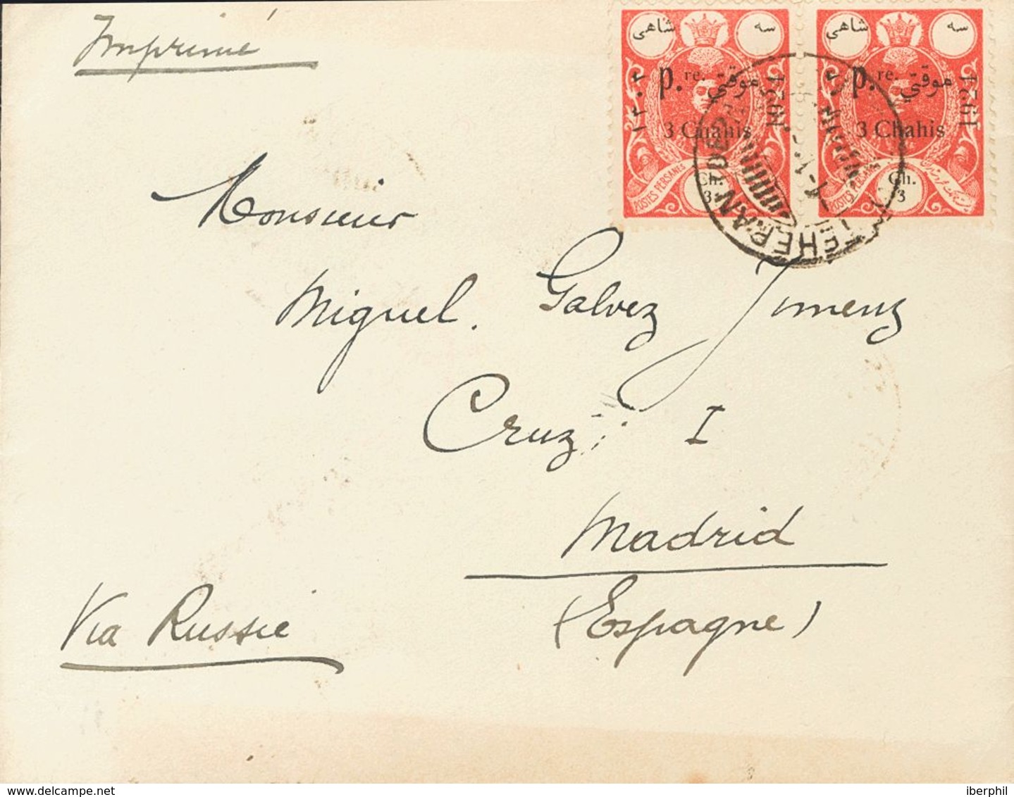 Iran. COVERYv 475(2). 1924. 3 Ch Pink, Pair. TEHERAN To MADRID (addressed To Miguel Gálvez). VERY FINE AND RARE ORIGIN-D - Iran