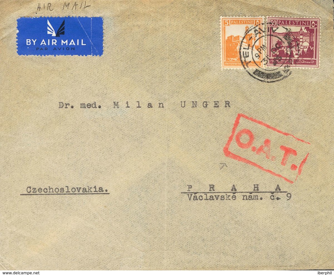 Palestine. COVER66, 75. 1945. 5 M Orange And 50 M Lilac Brown. Airmail From TEL-AVIV To PRAGUE (CZECHOSLOVAKIA). On The  - Autres & Non Classés