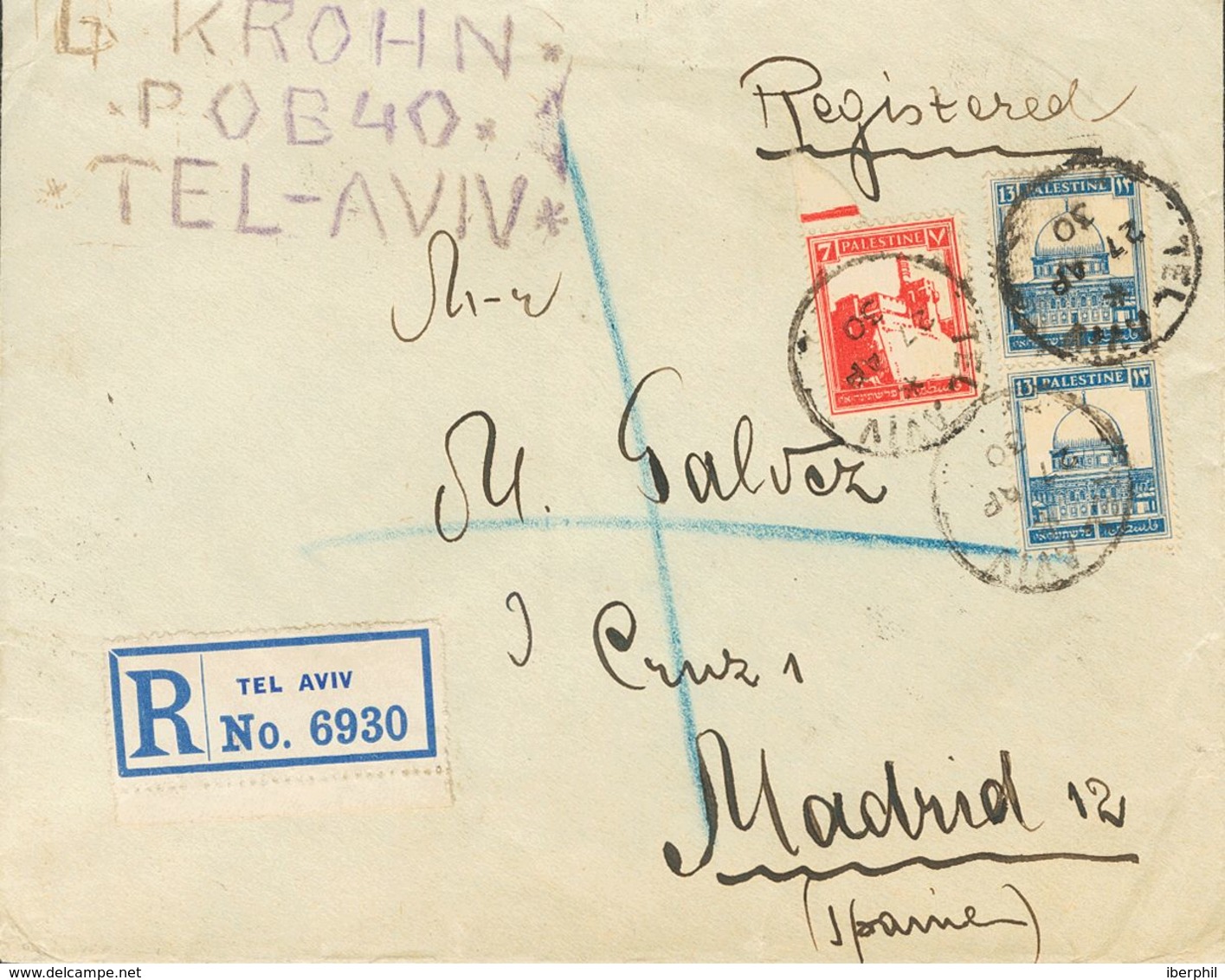 Palestine. COVERYv 68, 71(2). 1930. 7 M Red And 13 M Ultramarine, Two Stamps. Registered From TEL-AVIV To MADRID (addres - Other & Unclassified