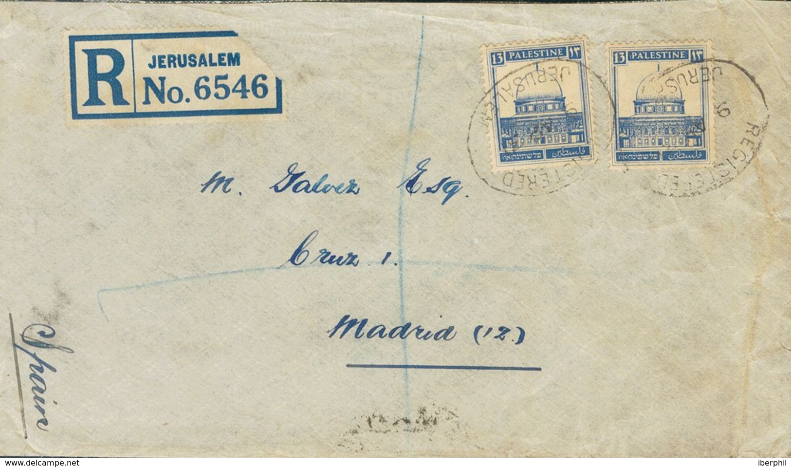 Palestine. COVERYv 71(2). 1931. 13m Ultramarine, Two Stamps. Registered From JERUSALEN To MADRID (addressed To Miguel Gá - Otros & Sin Clasificación