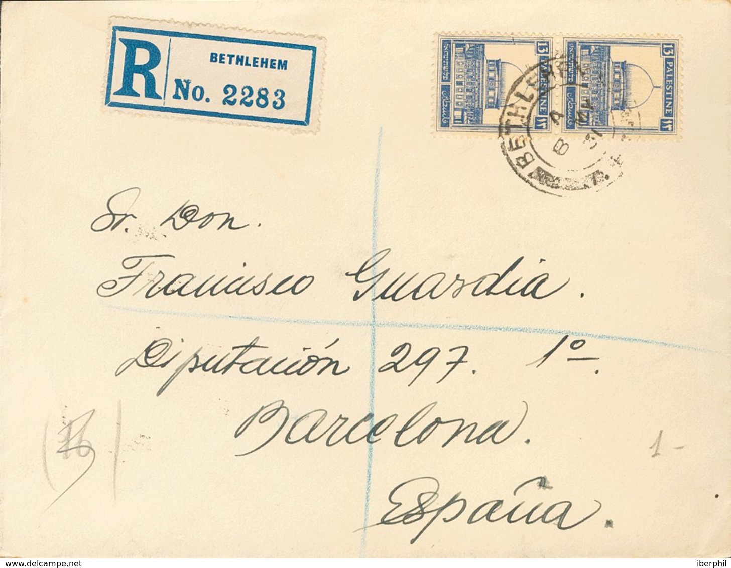 Palestine. COVERYv 72(2). 1931. 13 M Ultramarine, Pair. Registered From BELEN To BARCELONA. On Reverse, Transits And Arr - Otros & Sin Clasificación